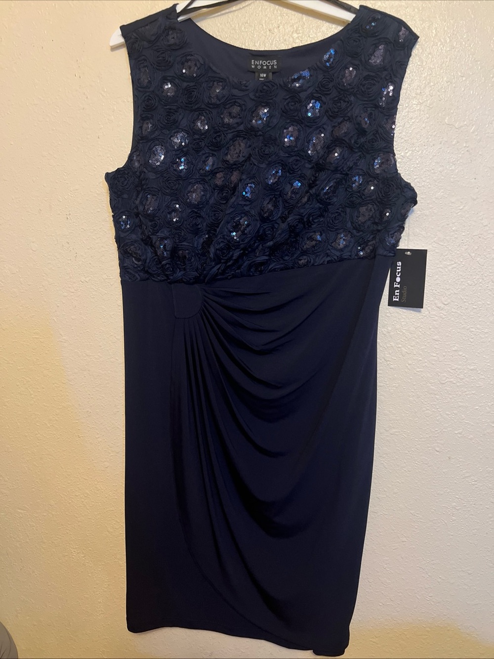 Enfocus Studio Navy Sequin Rosette Draped Sheath Dress